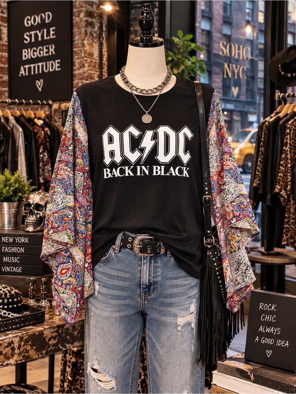 AC/DC Back In Black Women's Black Graphic Tee with Colorful Paisley Sleeves